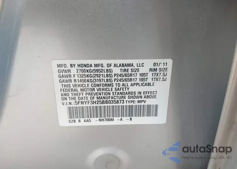 2011 Honda Pilot Lx из США, поврежденный, VIN 5FNYF3H25BB035873